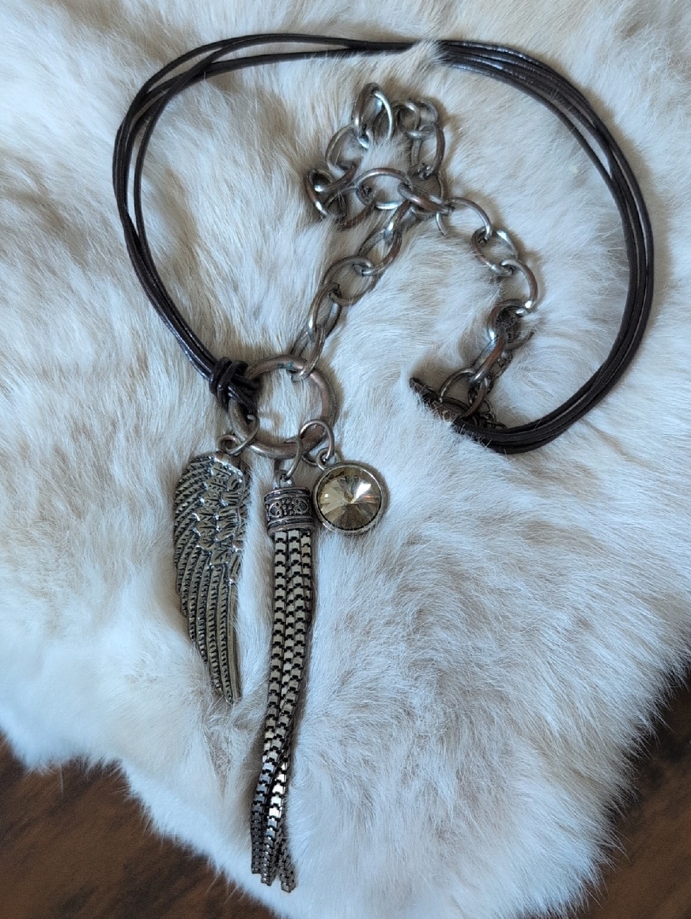 Silver Wing & Tassel Pendant Necklace with Brown Cord